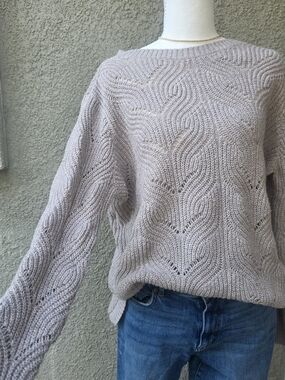Sonoma Taupe Open-Knit Crewneck Sweater